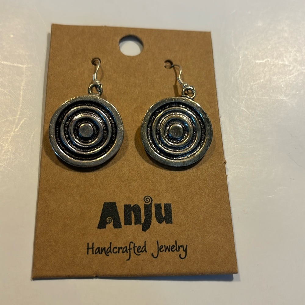 Anju silver color circles handcrafted dangle pierced fish back earrings NEW
